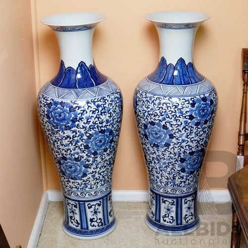 Pair of Impressive Chinese Blue and White Floor Vases of Large Proportions, Modern