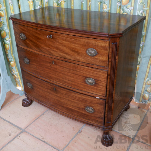 Regency Bow Front Three Drawer Chest of Small Proportions with Lions Paw Feet Circa 1820