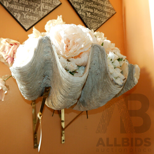 Fantastic Very Large Clam Shell with a Collection of Faux Flowers