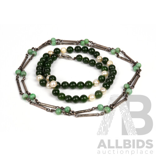 Strand of New Zealand Green Stone and Cultured Pearls with Silver Necklace with Glass Beads