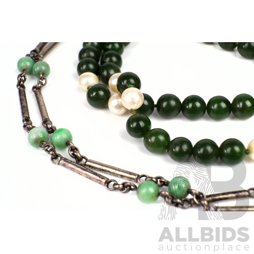 Strand of New Zealand Green Stone and Cultured Pearls with Silver Necklace with Glass Beads