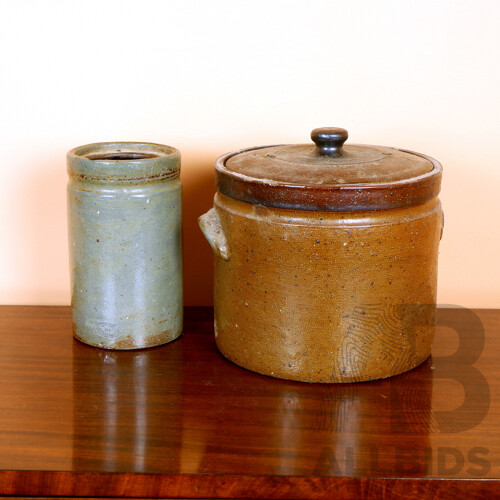 Vintage Australian Bendigo Pottery Bread Crock with Another Bendigo Pottery Jar