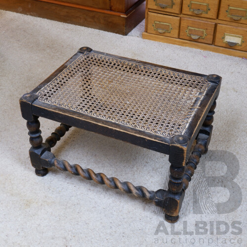 Antique Jacobean Style Stool with Woven Rattan