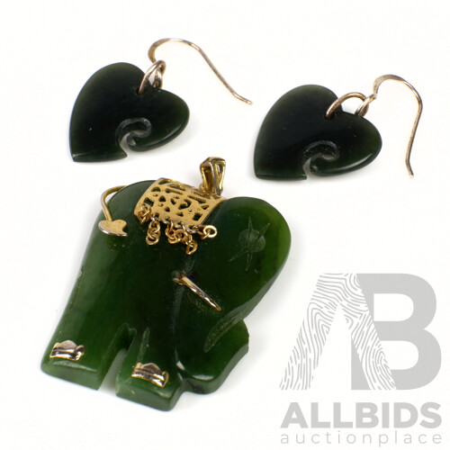 New Zealand Greenstone Elephant with a Pair of Greenstone Heart Shaped Earrings