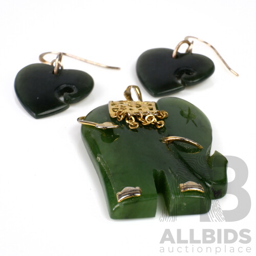 New Zealand Greenstone Elephant with a Pair of Greenstone Heart Shaped Earrings