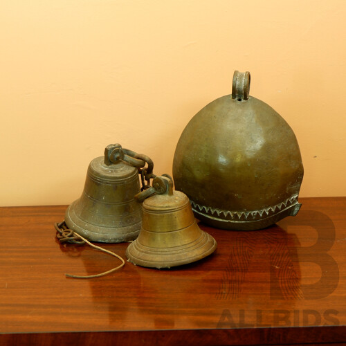 Two Vintage Cast Brass Bells and Another Brass Example Lacking Clapper