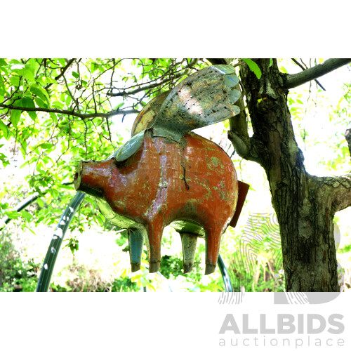 Painted Metal Flying Pig Garden Ornament