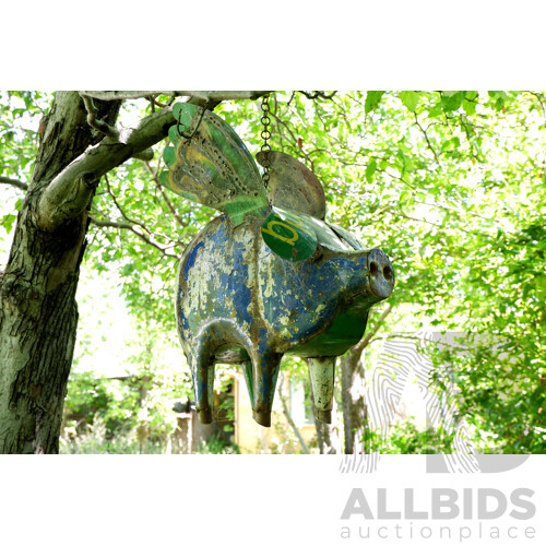 Painted Metal Flying Pig Garden Ornament