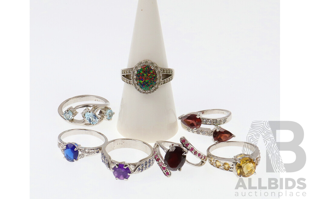 Six Sterling Silver Rings, Garnet and Ruby, Blue Paste, Garnet and CZ, Topaz. Created Opal, Amethyst with Small Sapphire and Citrine