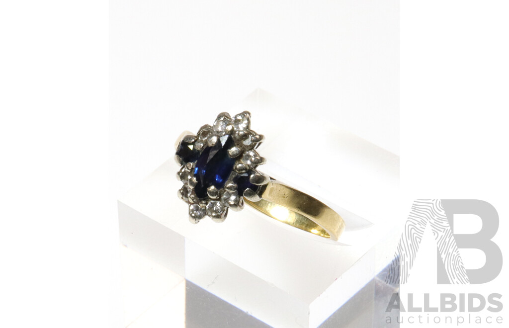 18ct Vintage Yellow Gold Cluster Ring with Three Sapphires and Ten RBC Diamonds, 3.1g
