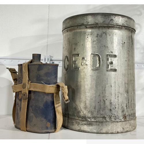 Vintage CE DE Tin Container With Lid, and Water Bottle