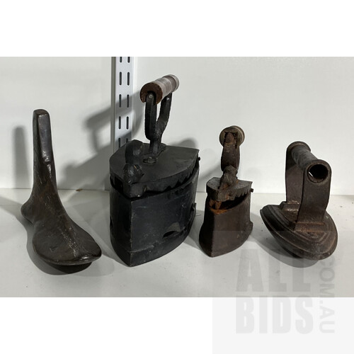 Collection of Three Vintage Irons and a Cobbler’s Shoe Mold Including Silvester’s Patent Salter Iron No. 3