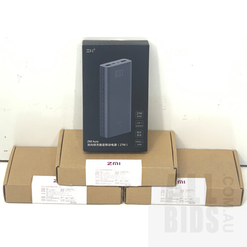 Assorted Black XIAOMI ZMI 20000MAH 27W QC + PD Portable Power Bank 2 QB822 in Original Boxes - Lot of 3 - ORP $299.85 