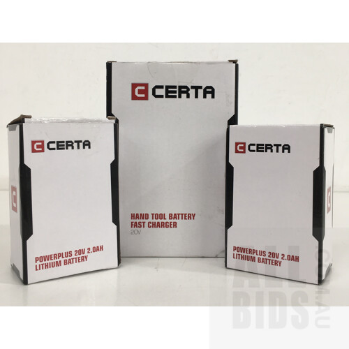 Certa 2 x Powerpluse 20V Lithium Batterys And Certa Hand Tool Battery Fast Charger 20V - ORP $119.97