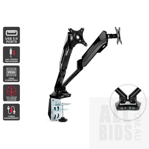 Kogan Dual Monitor Mount With USB Ports (Anzio Series - Black) and Kogan Full Motion Spring-Assisted Height Adjustable Dual Monitor Mount Pro (Ostia Series - Black) - Lot of 2 - ORP $158.00