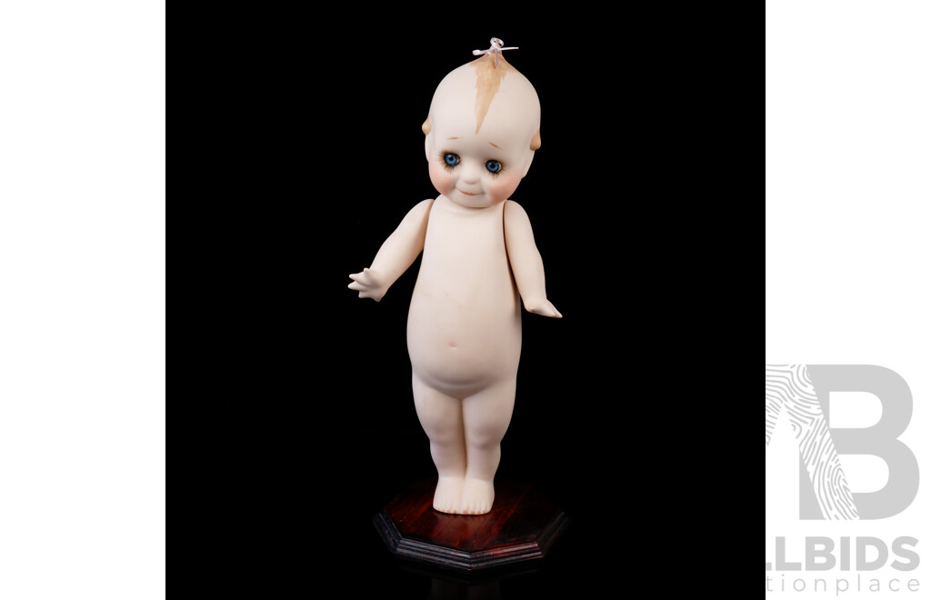 Retro Handmade Porcelain Cupie Doll on Wooden Stand