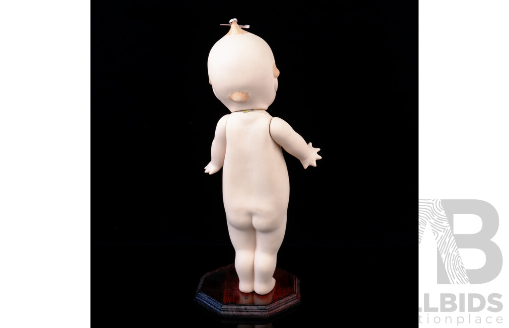 Retro Handmade Porcelain Cupie Doll on Wooden Stand