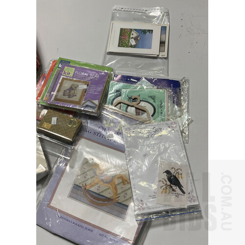 Collection of Embroidery Kits, Vintage Postcards and Vintage Playing Cards in Original Packaging, in Pink Box