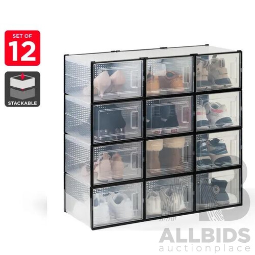 Ovela Set of 12 Click Shoe Storage Box (Large, Clear/Black) - ORP $135.00