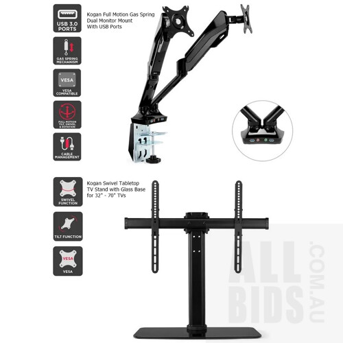 Kogan Dual Monitor Mount and Swivel Tabletop TV Stand with Glass Base - Lot of 2 - ORP $148.99