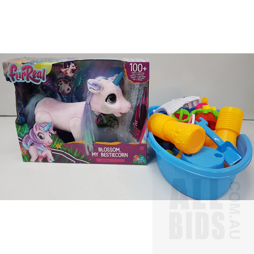 Fur Real Blossom My Bestiecorn Interactive Pet Toy (Pink) and GEM Toys Pirate Ship Sand and Water Table - Lot of 2 - ORP $233.95