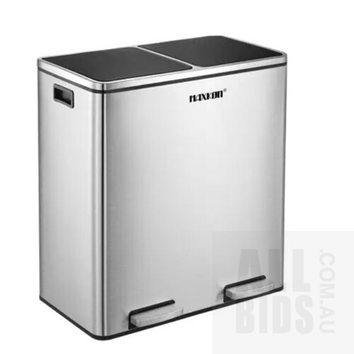 Maxkon 60L Dual Compartment Dustbin Stainless Steel Kitchen Garbage Rubbish Bin with Pedals - ORP $189.96