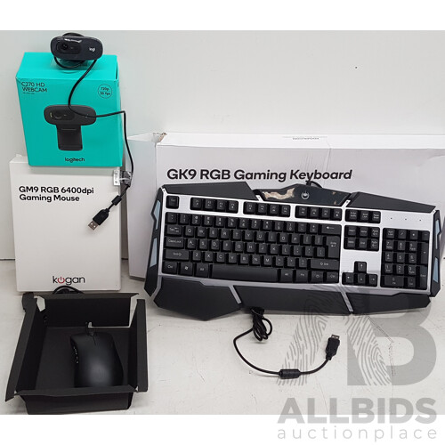 Logitech Webcam and Kogan Gaming Keyboard and Mouse - Lot of 3 - Total ORP $104.93