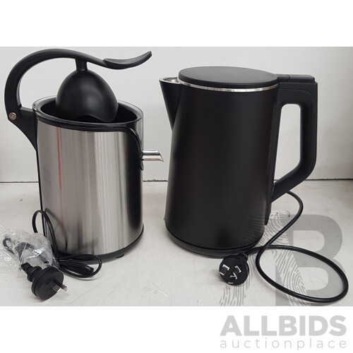 Kogan Citrus Press Juicer and 1.5L Double Walled Kettle - Lot of 2 - Total ORP $146.98