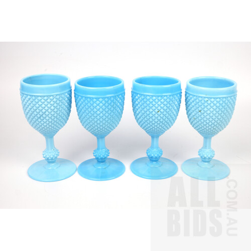 Four Vintage Casa Pupo of London Turquoise Milk Glass Hobnail Goblet