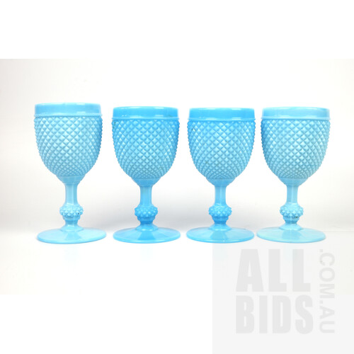 Four Vintage Casa Pupo of London Turquoise Milk Glass Hobnail Goblet