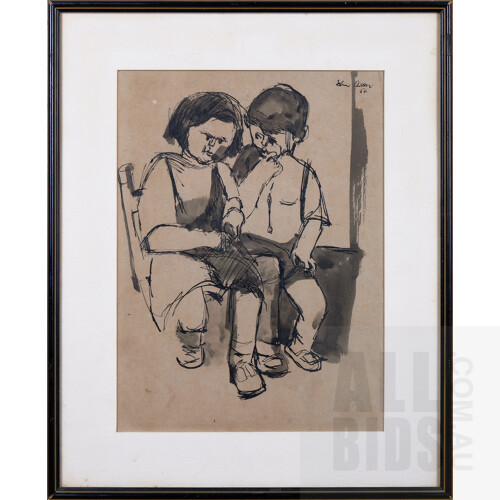 John Olsen (born 1928), Two Children 1954, Pen & Ink, 31 x 23 cm