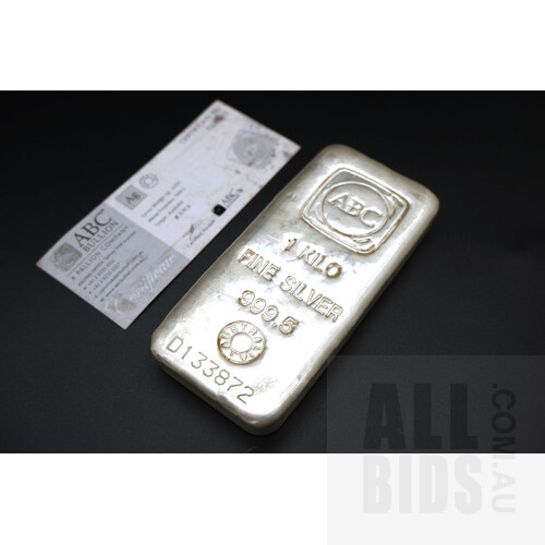 ABC Bullion 1 Kilo Fine Silver 999.5 Bar, No D133872, with ABC Certificate