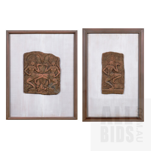 Pair of Clay Temple Reliefs in the Style of Angkor Wat, Largest 30 x 26 cm (2)