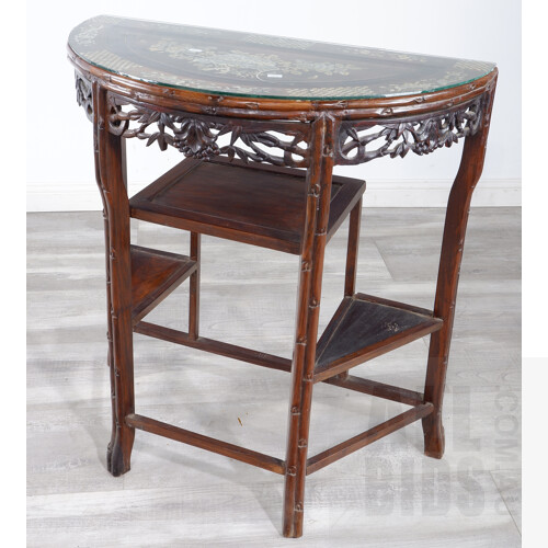 Vintage Chinese Rosewood Demilune Occasional Table with Shell Inlay and Tiered Shelves, 20th Century