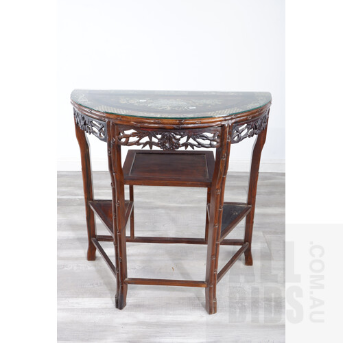 Vintage Chinese Rosewood Demilune Occasional Table with Shell Inlay and Tiered Shelves, 20th Century