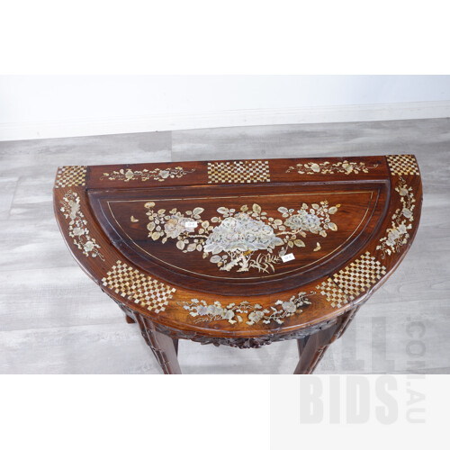 Vintage Chinese Rosewood Demilune Occasional Table with Shell Inlay and Tiered Shelves, 20th Century