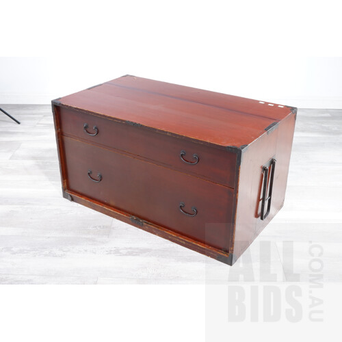 Vintage Japanese Red Lacquered Storage Drawers with Wrought Metal Hardware