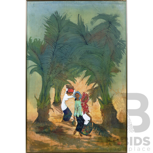 Tan Thean Song (born 1946, Malaysian), Untitled (Three Women and Palms) 1984, Batik, 75 x 50 cm