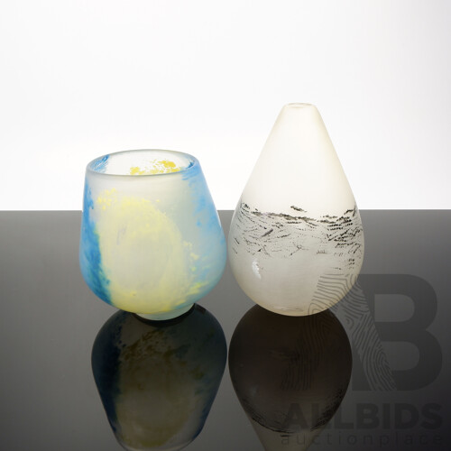 Hand Blown Studio Glass Vase with Intertwined Blue and Yellow Wave Pattern, with Another Art Glass Vase 