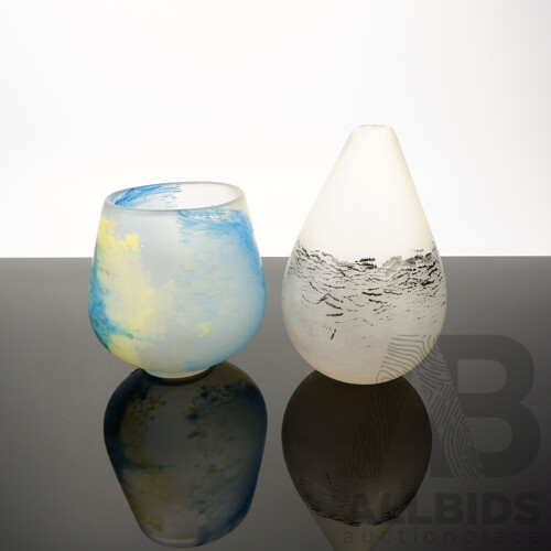 Hand Blown Studio Glass Vase with Intertwined Blue and Yellow Wave Pattern, with Another Art Glass Vase 