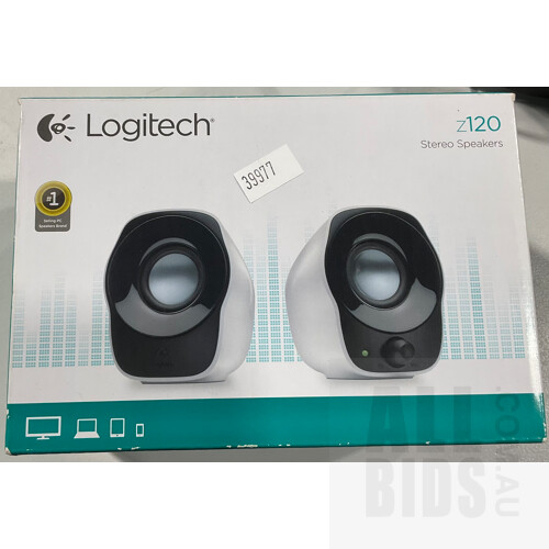 Logitech Speaker System Z313 With Two Smaller Speakers and Pair of Z120 Stereo Speakers in Original Box