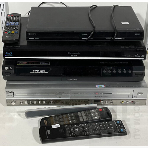 Panasonic Blu-Ray Disc Player, Philips DVD Player DVP3980, LG HDD/DVDRecorder RH277H and LG V8824W DVD and VHS Player With Assorted Remotes