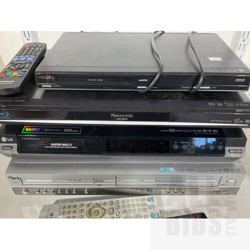 Panasonic Blu-Ray Disc Player, Philips DVD Player DVP3980, LG HDD/DVDRecorder RH277H and LG V8824W DVD and VHS Player With Assorted Remotes