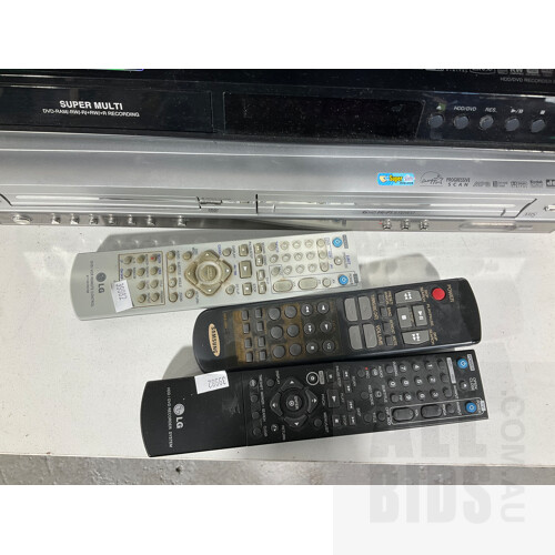 Panasonic Blu-Ray Disc Player, Philips DVD Player DVP3980, LG HDD/DVDRecorder RH277H and LG V8824W DVD and VHS Player With Assorted Remotes