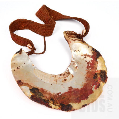 Papua New Guinea Shell Ceremonial Bride Price Moka Kina Shell Necklace with Woven Natural Fiber Band Adorned with Shells