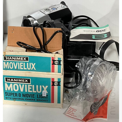 Vintage Yashica Super 60 E Electronic 8mm Movie Camera Designed for Super 8 Film Cartridges in Original Hard Case, and Hanimex Movielux Super 8 Movie Light in Original Box
