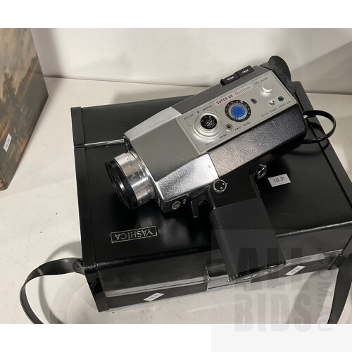 Vintage Yashica Super 60 E Electronic 8mm Movie Camera Designed for Super 8 Film Cartridges in Original Hard Case, and Hanimex Movielux Super 8 Movie Light in Original Box