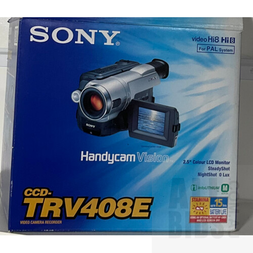 Sony Handycam Vision Steady Shot CCD-TRV408E PAL Video Hi8 Camera in Original Box With Cables, Battery and Other Assorted Items