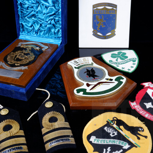 HMAS Perth Plaque, Military Cloth Patches, Pair of Commander Ranks Boards and More