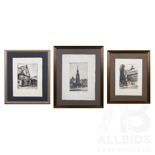 Set of Three, Various German Village Scenes, Original Etchings, 56 x 45 cm (framed) 59.5 x 41.5 cm (framed) 47.5 x 38.5 cm (framed) 